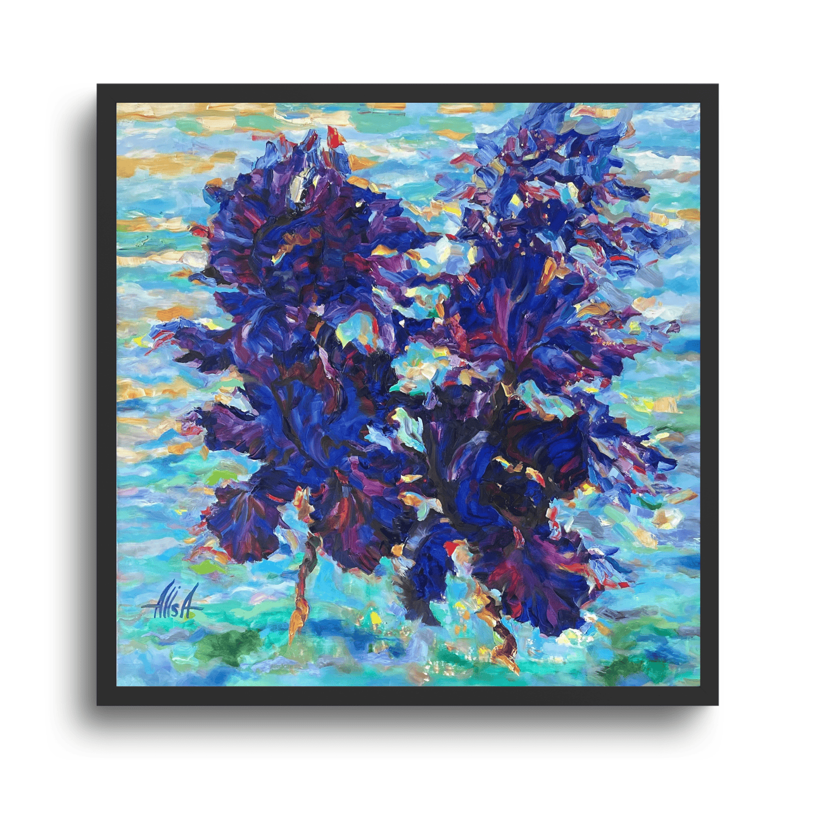 LES IRIS AU BORD DU SILENCE LIQUIDE (2025) - 100 x 100 CM - HUILE SUR TOILE