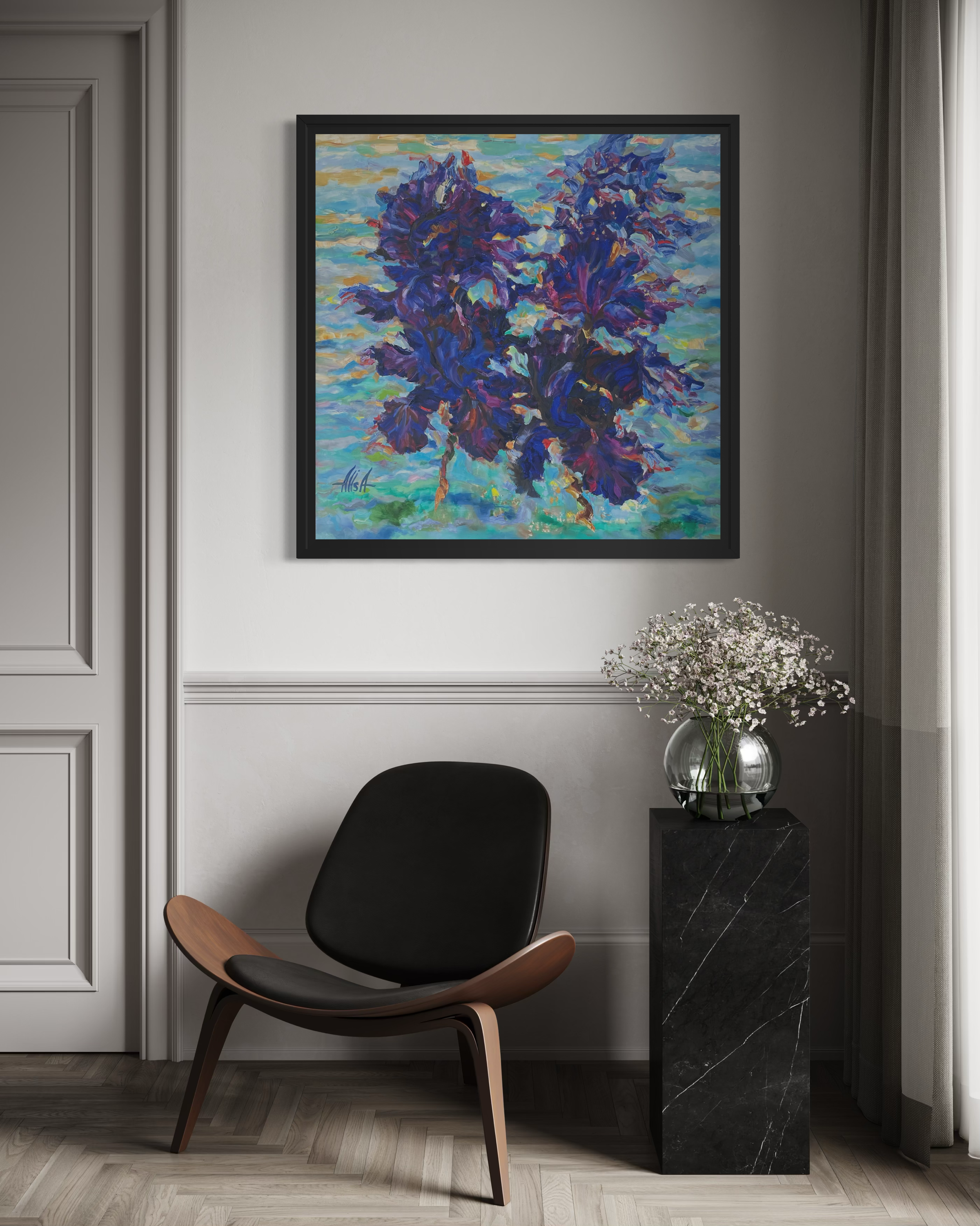 LES IRIS AU BORD DU SILENCE LIQUIDE (2025) - 100 x 100 CM - HUILE SUR TOILE