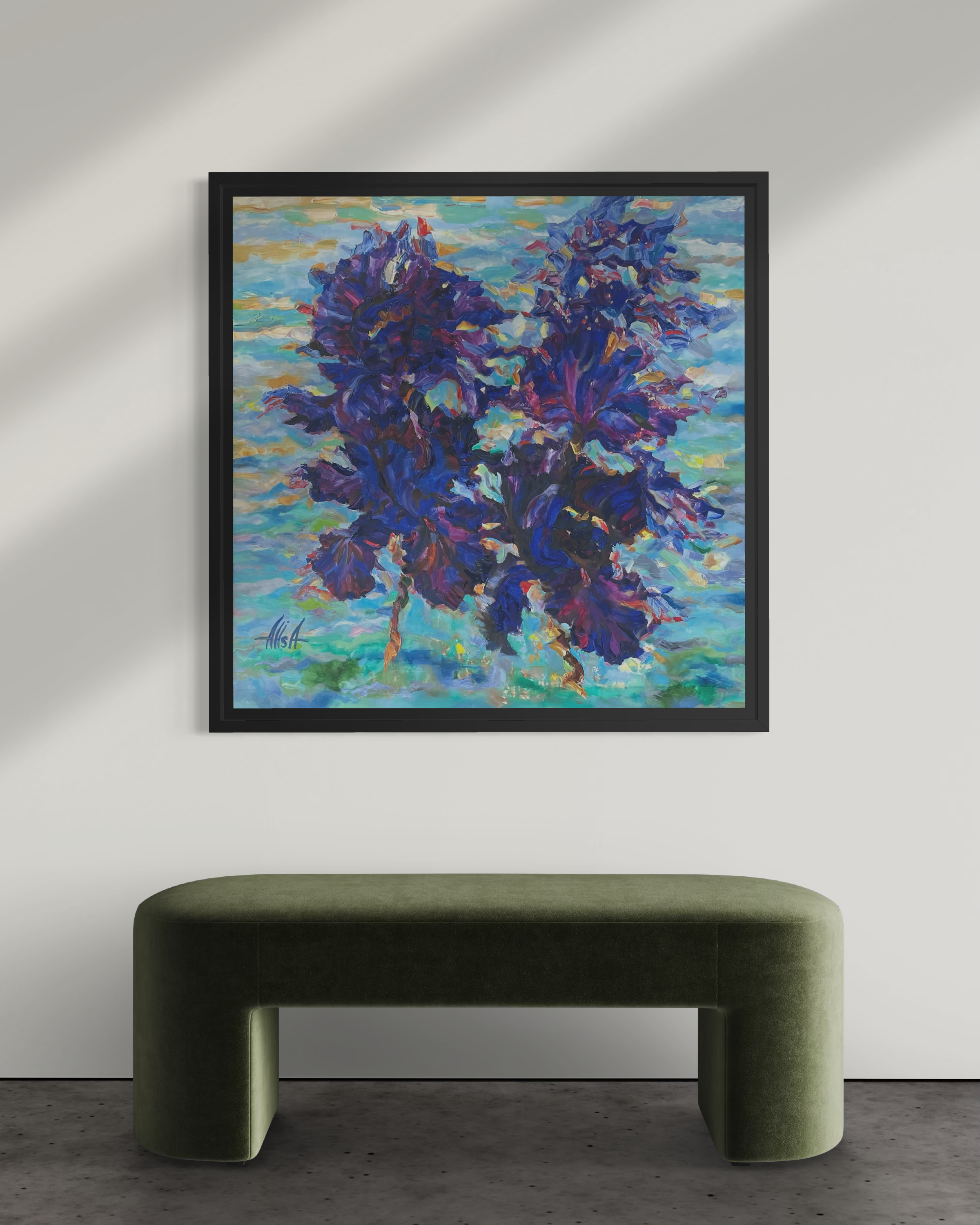 LES IRIS AU BORD DU SILENCE LIQUIDE (2025) - 100 x 100 CM - HUILE SUR TOILE