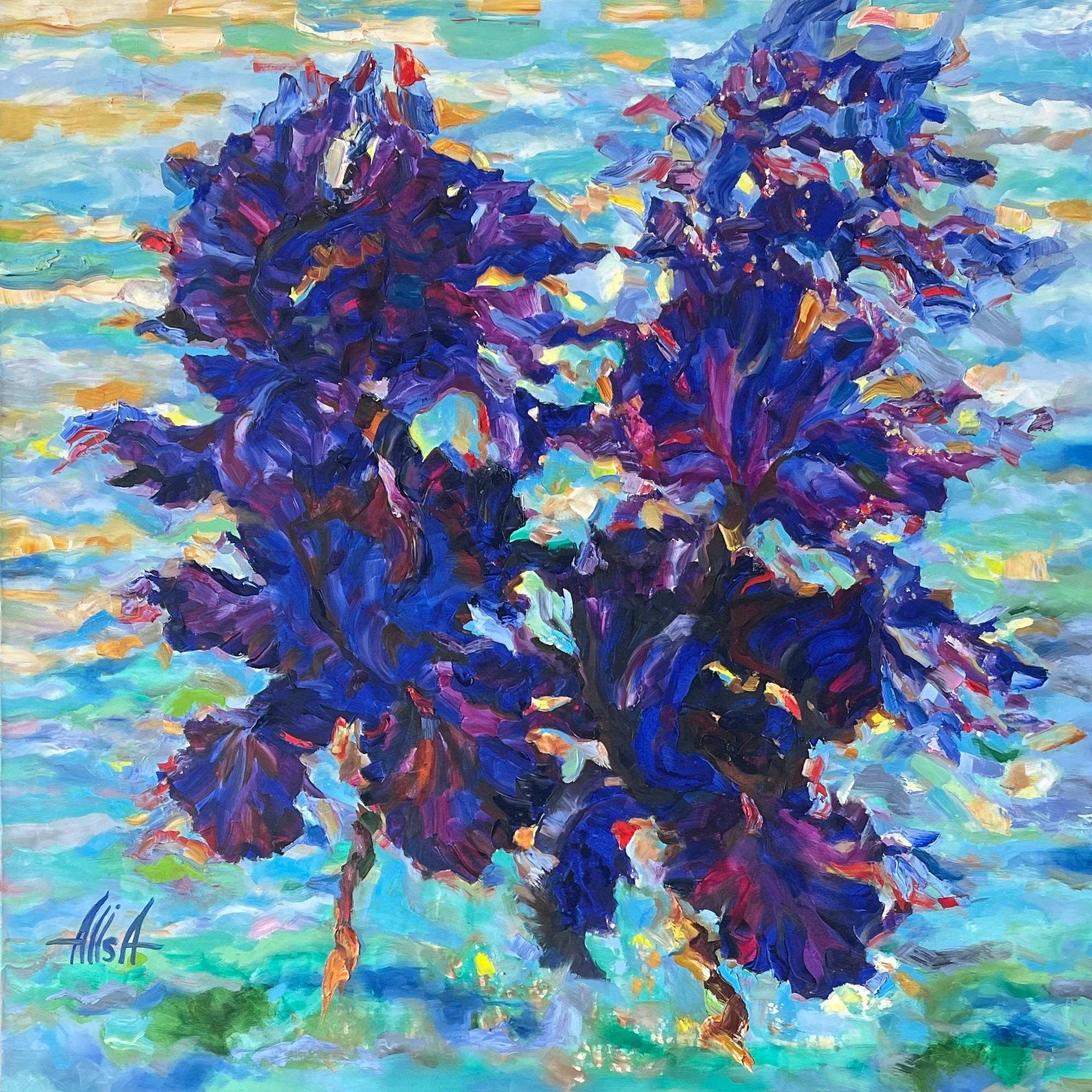 LES IRIS AU BORD DU SILENCE LIQUIDE (2025) - 100 x 100 CM - HUILE SUR TOILE